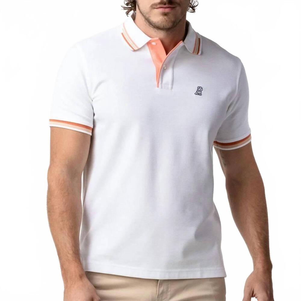 NEW JAMES BARK striped collar and french bulldog logo polo in white/peach